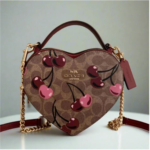 Coach Heart Crossbody Bag Cherry Signature Canvas Leather Brown CY706 Shoulder